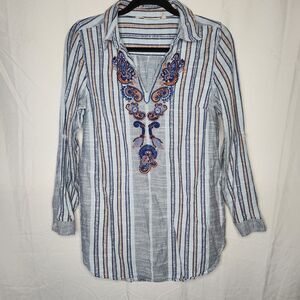Soft Surroundings Womens Small Embroidered Striped V Neck Tunic Blue Orange